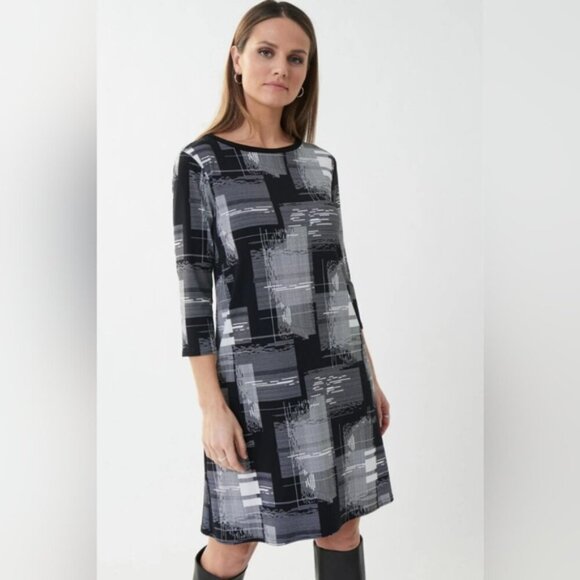 Joseph Ribkoff Black Abstract Shift Dress Scoop Neck 3/4 Sleeves Size 2 New - Picture 3 of 11